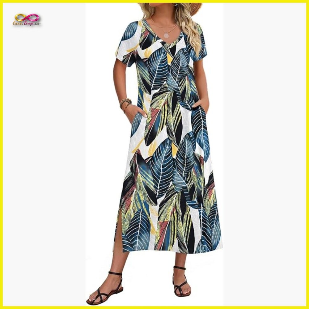 Floral Maxi Dress with Pockets V-Neck Split Casual Beach Boho Travel